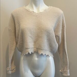 moon & madison Distressed Cropped Waffle Knit V-Neck Sweater in Light Beige